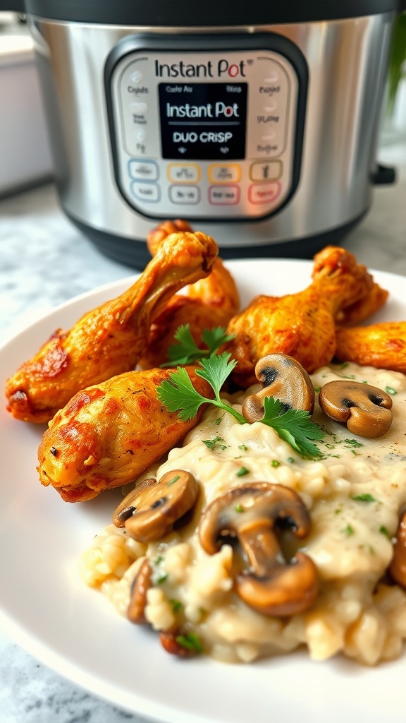 A plate of crispy chicken wings and creamy mushroom risotto on a kitchen counter next to an Instant Pot Duo Crisp.
